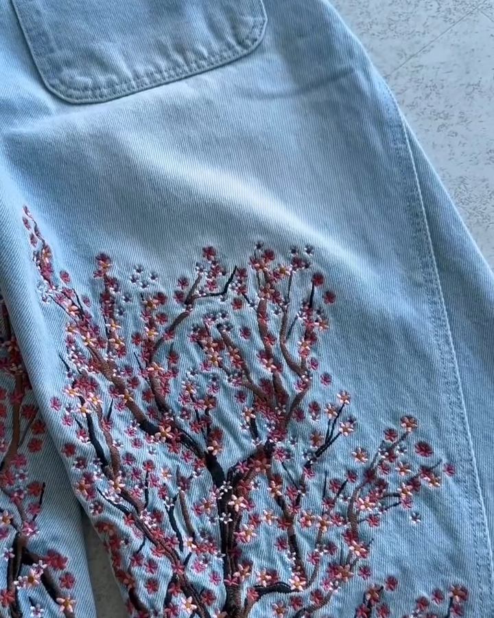 Oversized Light Wash Denim Jeans with Large Cherry Blossom Embroidery - Baggy Streetwear Pants