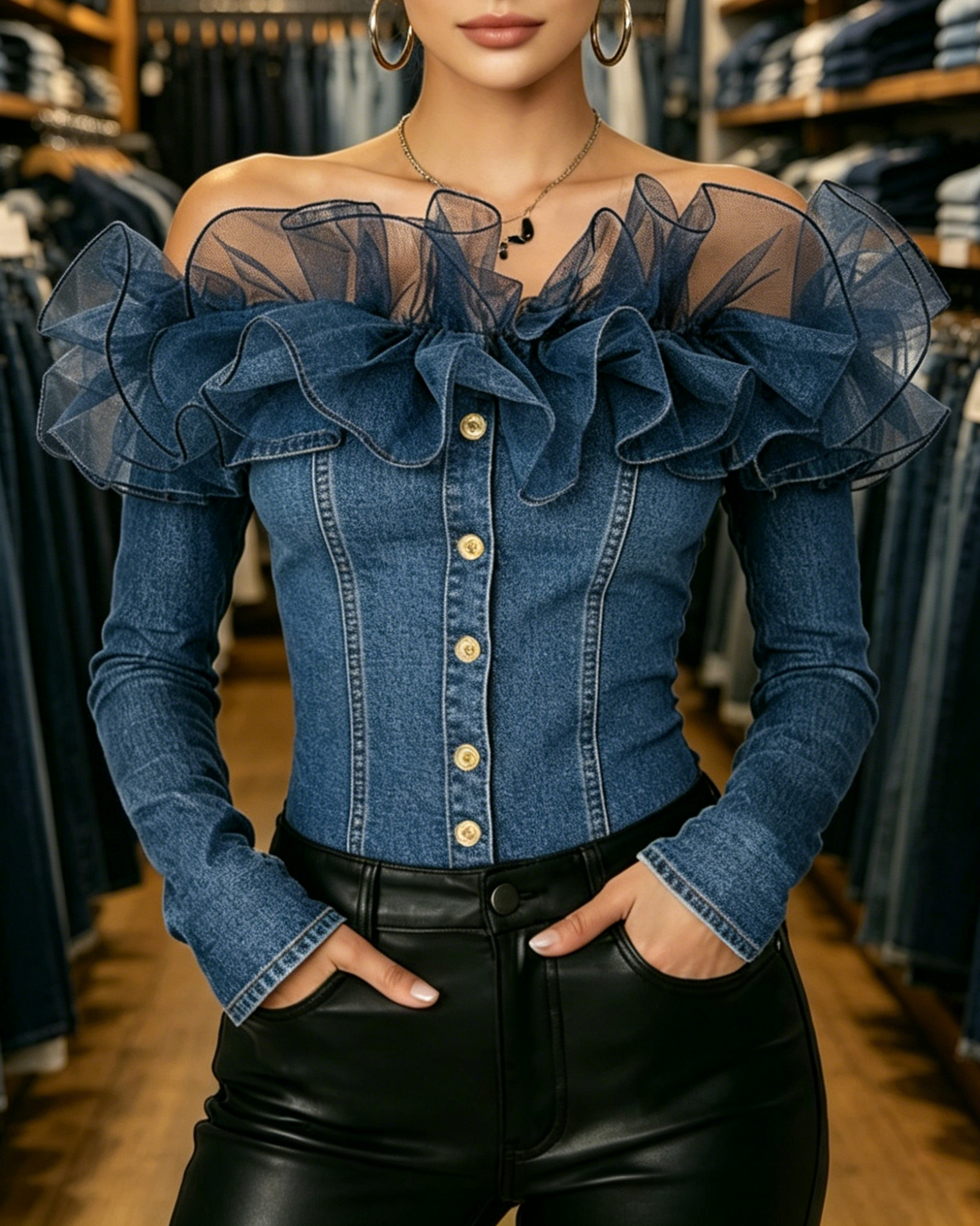Dark Blue Off-the-Shoulder Ruffled Tulle Denim Corset Top