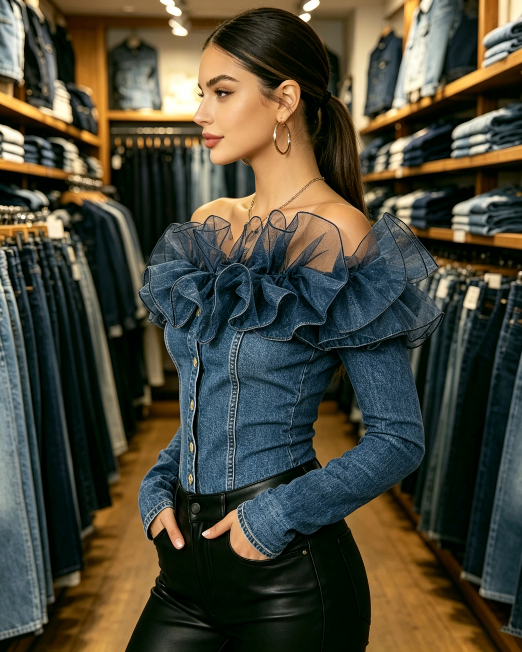 Dark Blue Off-the-Shoulder Ruffled Tulle Denim Corset Top