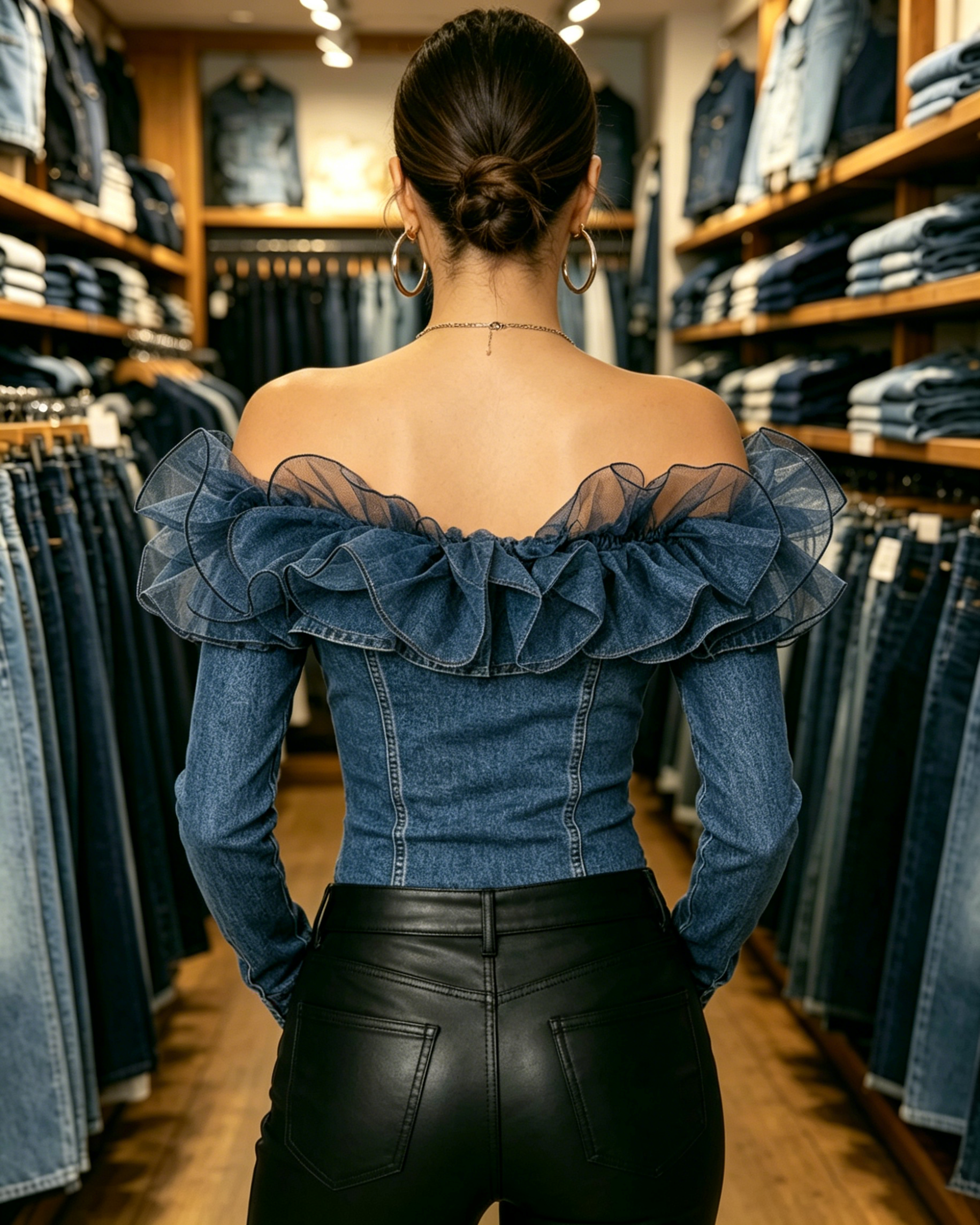 Dark Blue Off-the-Shoulder Ruffled Tulle Denim Corset Top