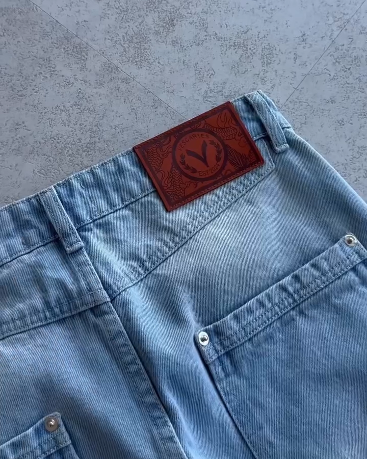 Oversized Light Wash Denim Jeans with Large Cherry Blossom Embroidery - Baggy Streetwear Pants