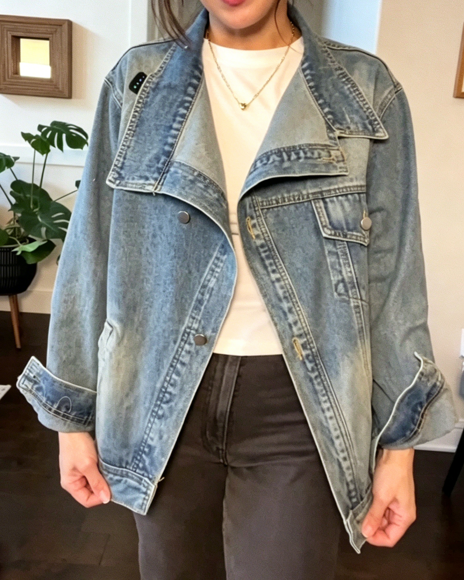 Asymmetric Lapel Washed Denim Jacket