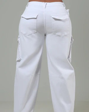 White Get It Done High Rise Cargo Barrel Jeans