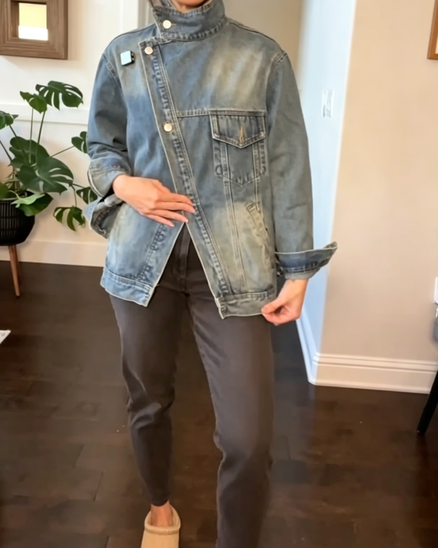 Asymmetric Lapel Washed Denim Jacket