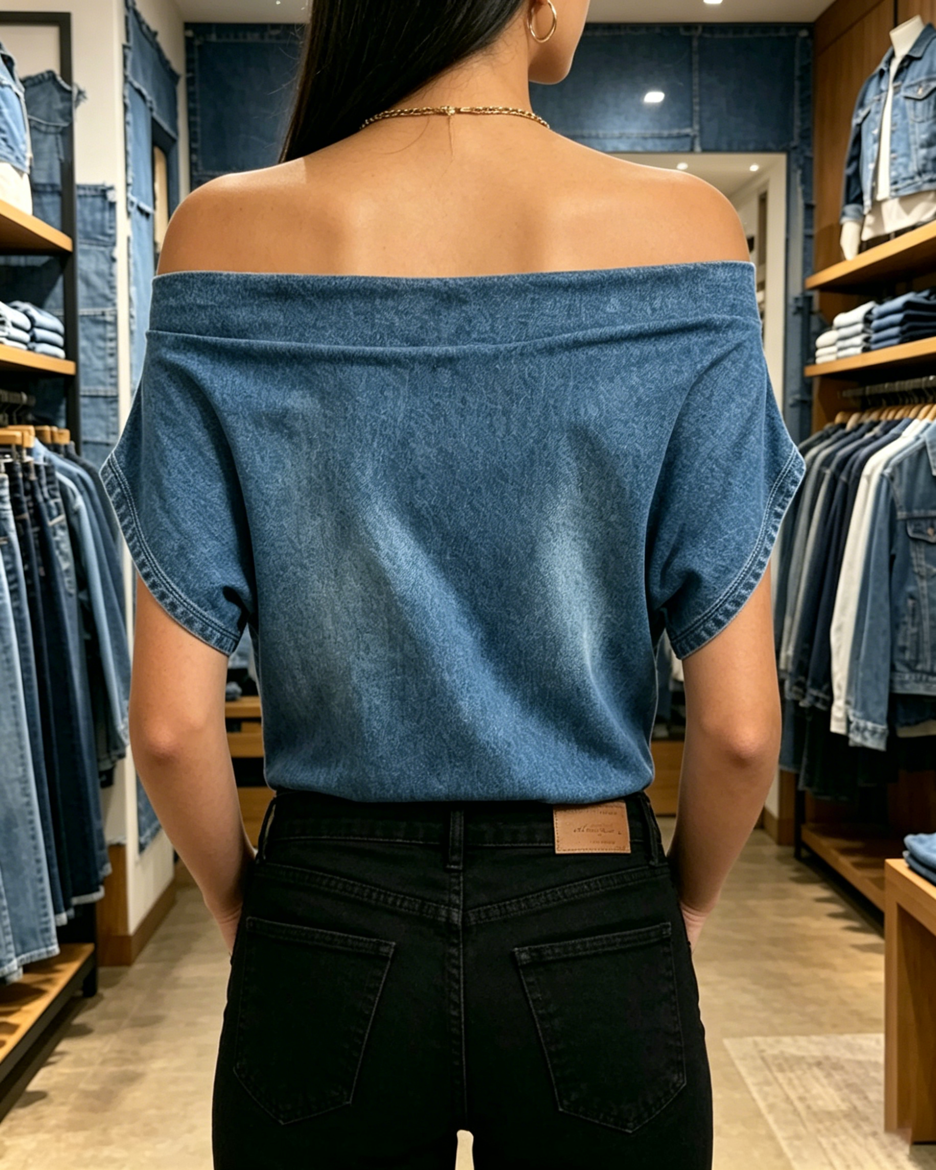 Medium Blue Denim Off-the-Shoulder Batwing Sleeve Casual Blouse
