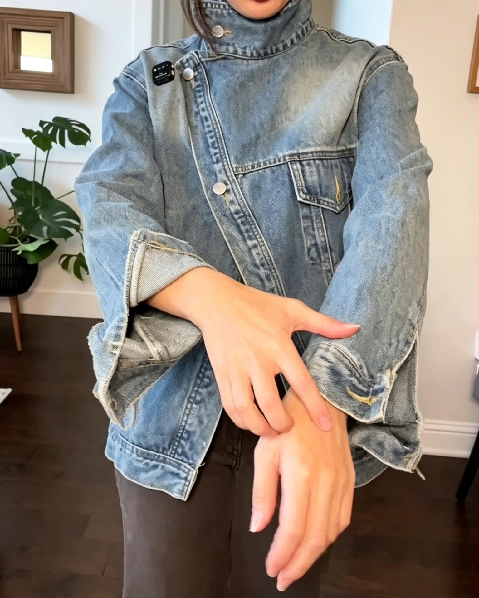 Asymmetric Lapel Washed Denim Jacket