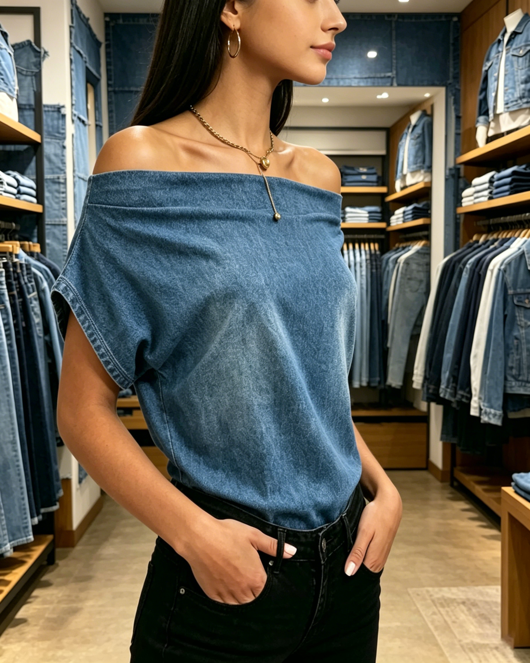 Medium Blue Denim Off-the-Shoulder Batwing Sleeve Casual Blouse