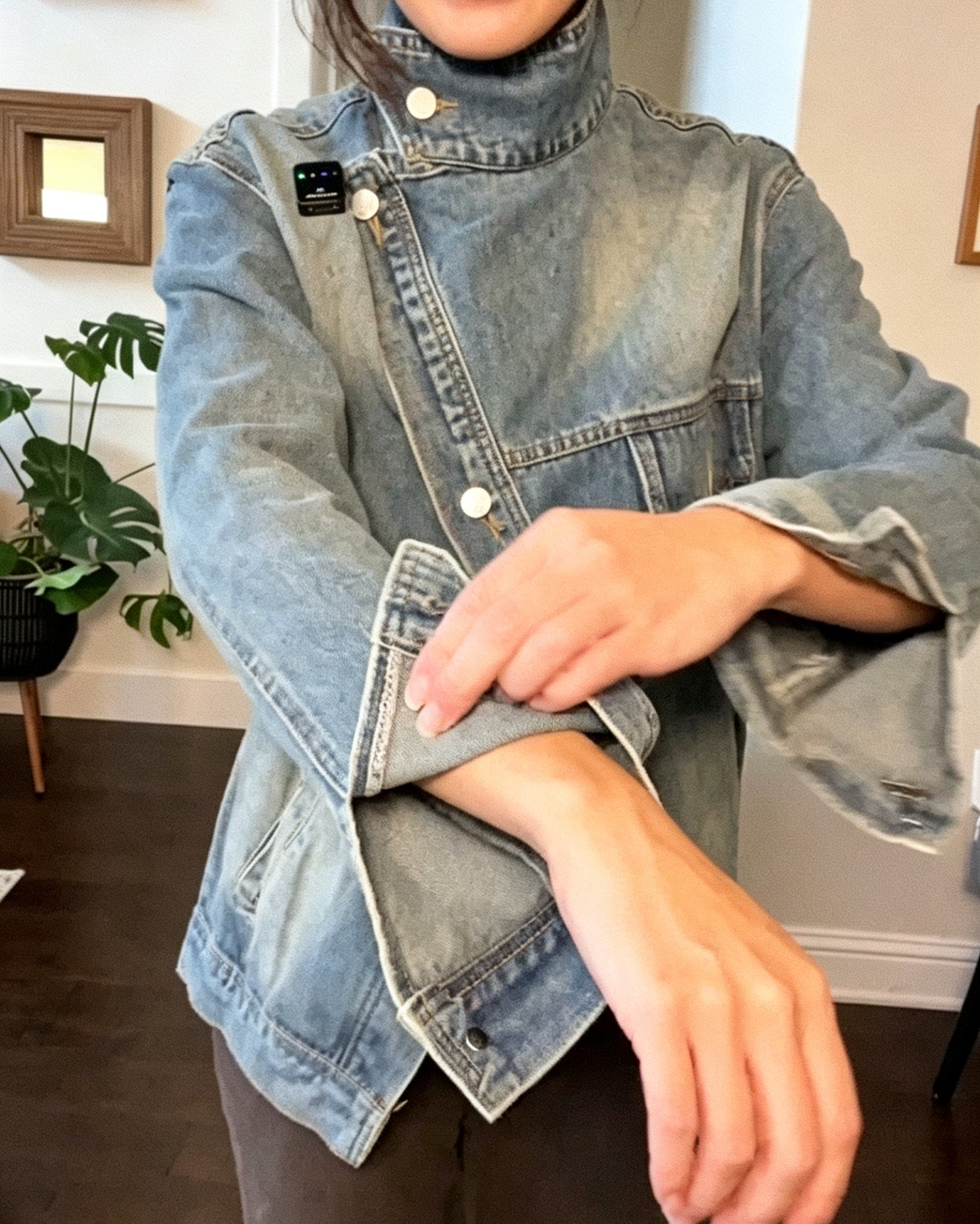Asymmetric Lapel Washed Denim Jacket