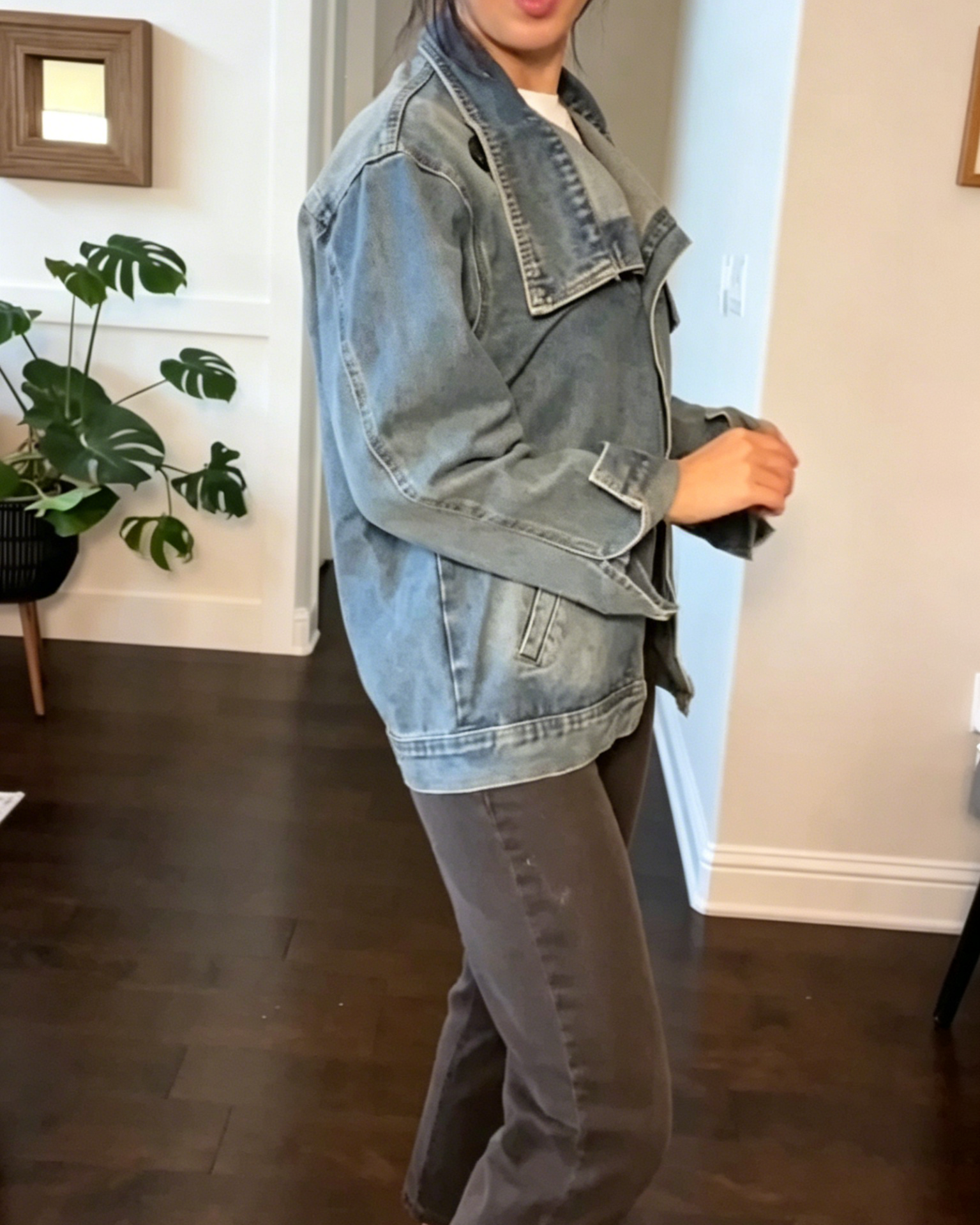 Asymmetric Lapel Washed Denim Jacket
