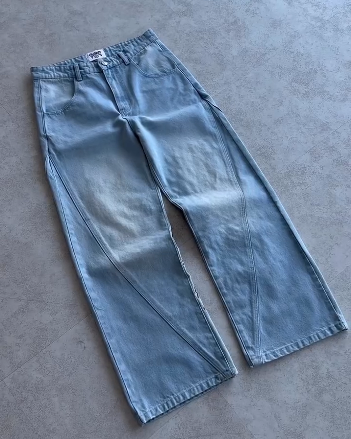 Oversized Light Wash Denim Jeans with Large Cherry Blossom Embroidery - Baggy Streetwear Pants