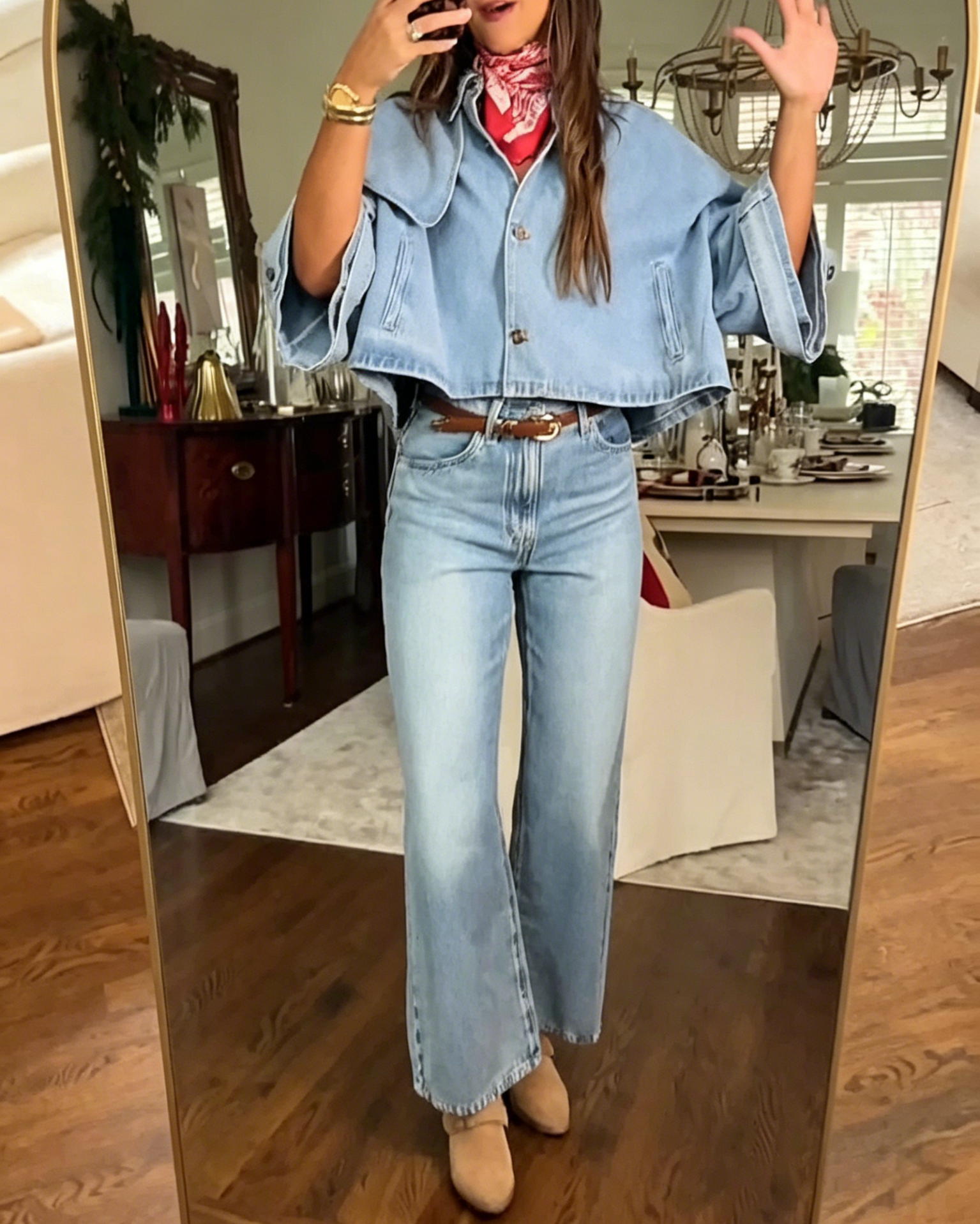 Cropped Wide Lapel Light Wash Denim Jacket