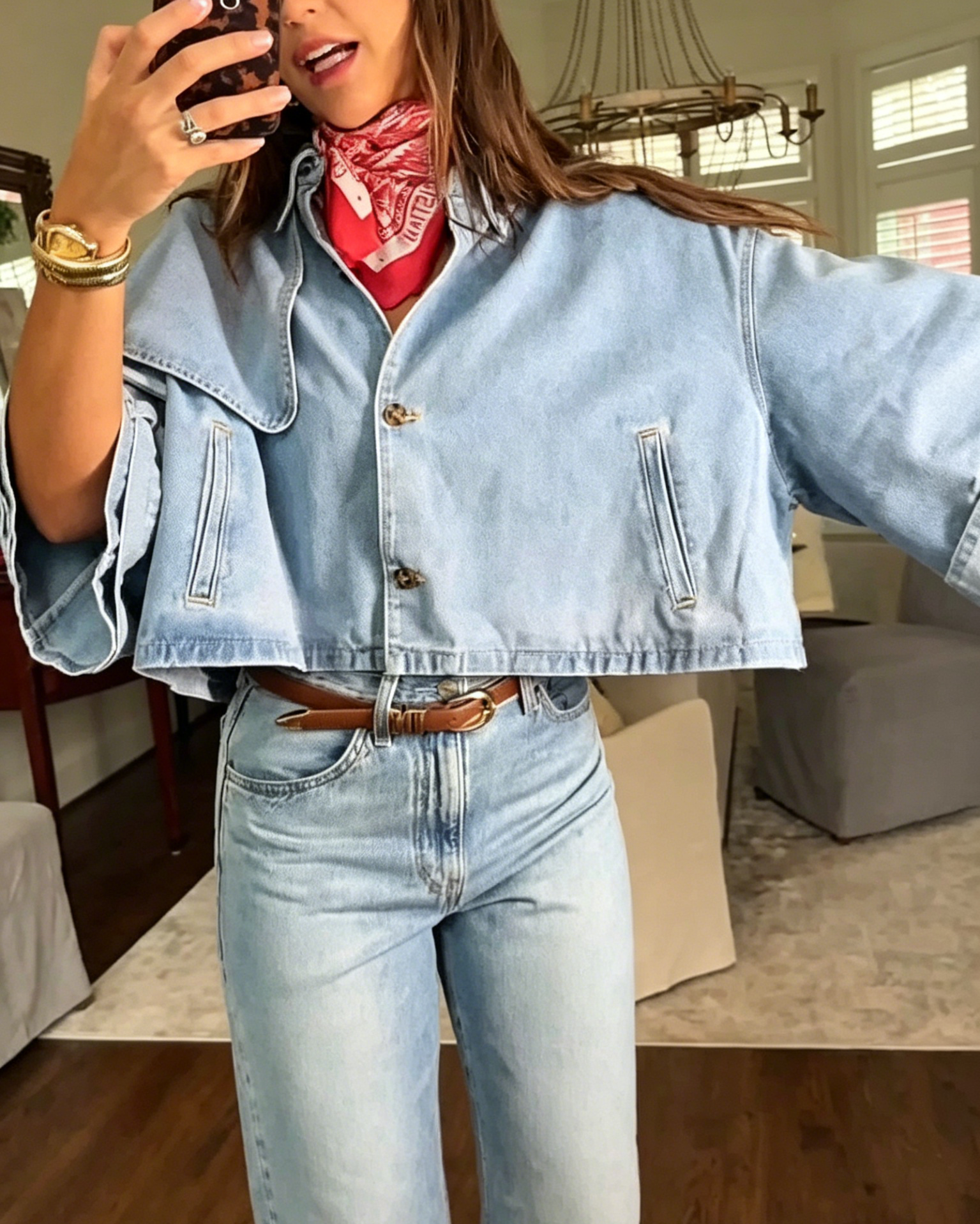 Cropped Wide Lapel Light Wash Denim Jacket
