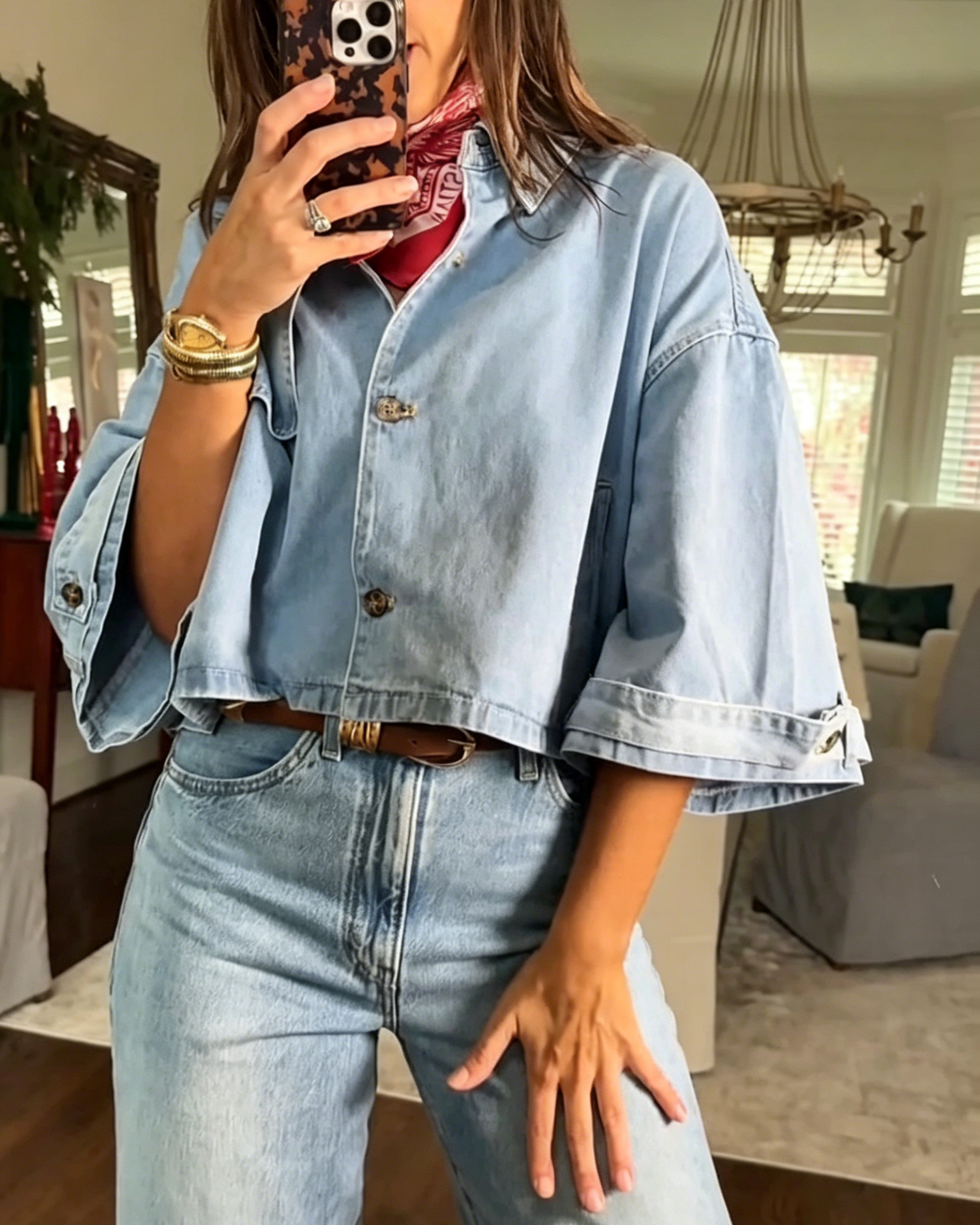 Cropped Wide Lapel Light Wash Denim Jacket