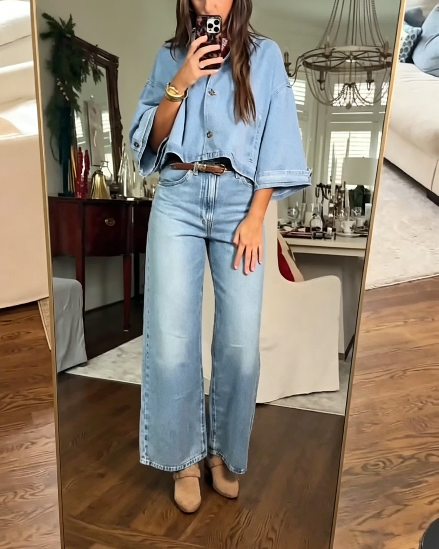 Cropped Wide Lapel Light Wash Denim Jacket