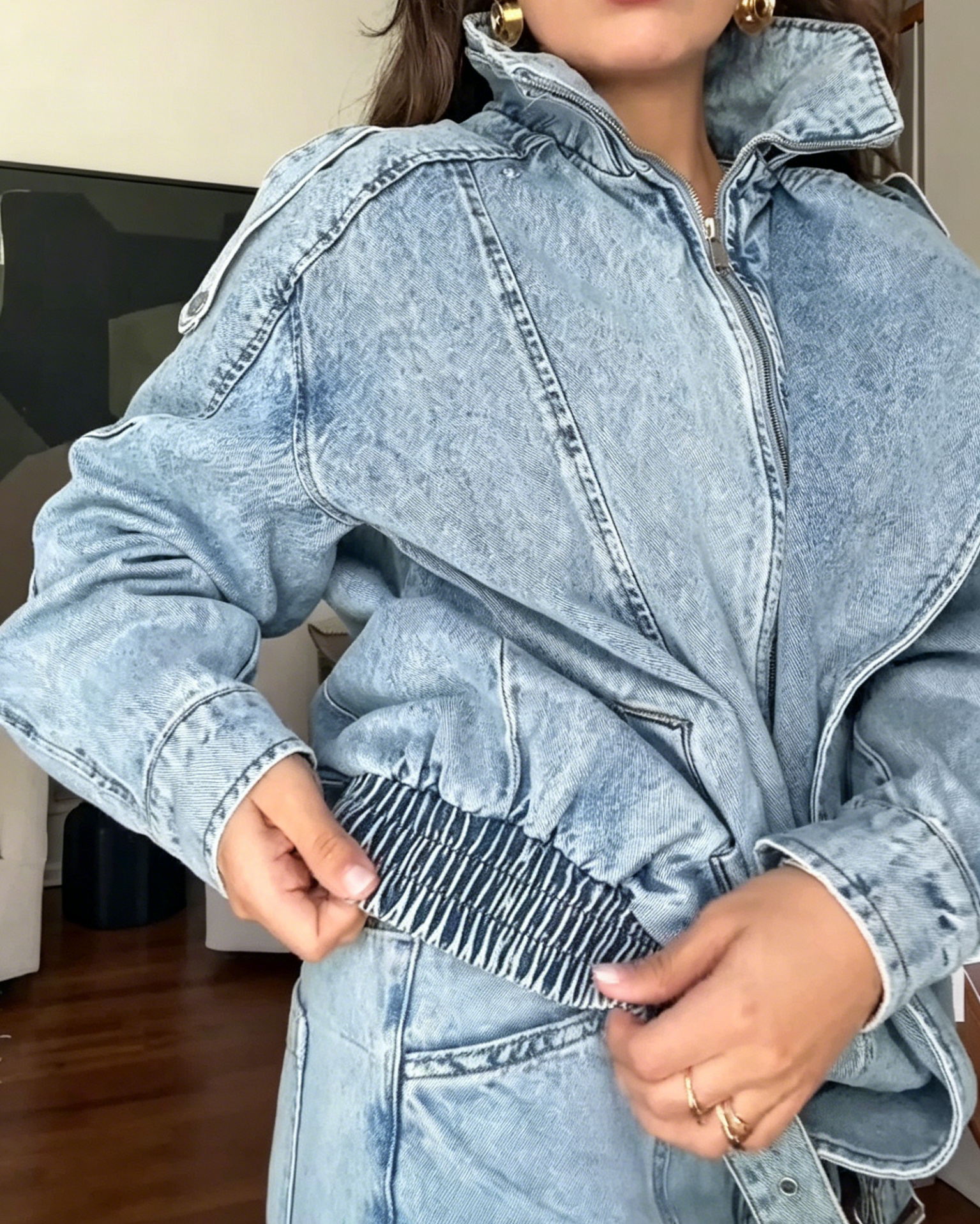 Padded Washed Denim Bomber Jacket
