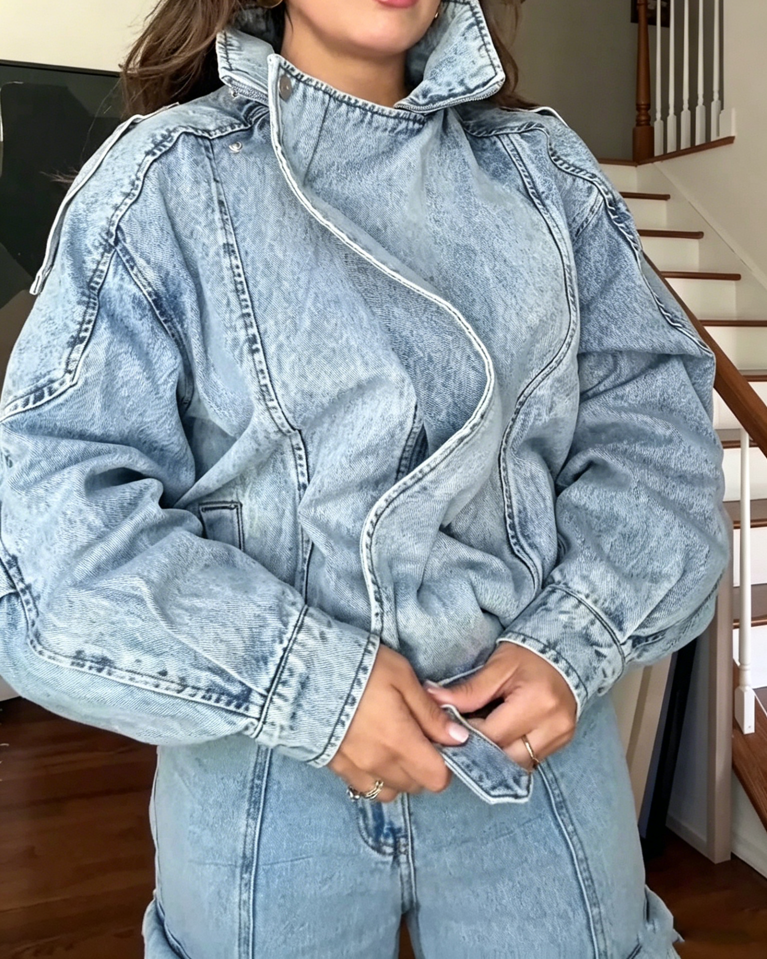 Padded Washed Denim Bomber Jacket