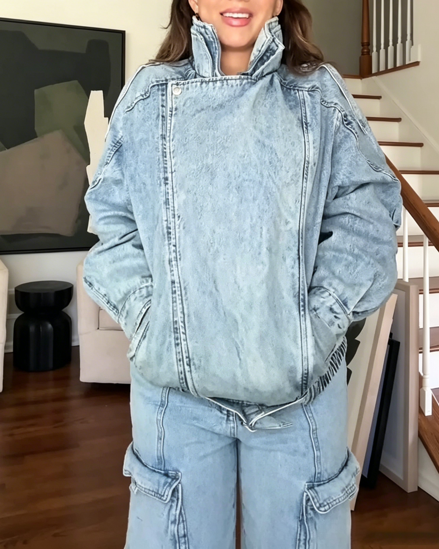 Padded Washed Denim Bomber Jacket