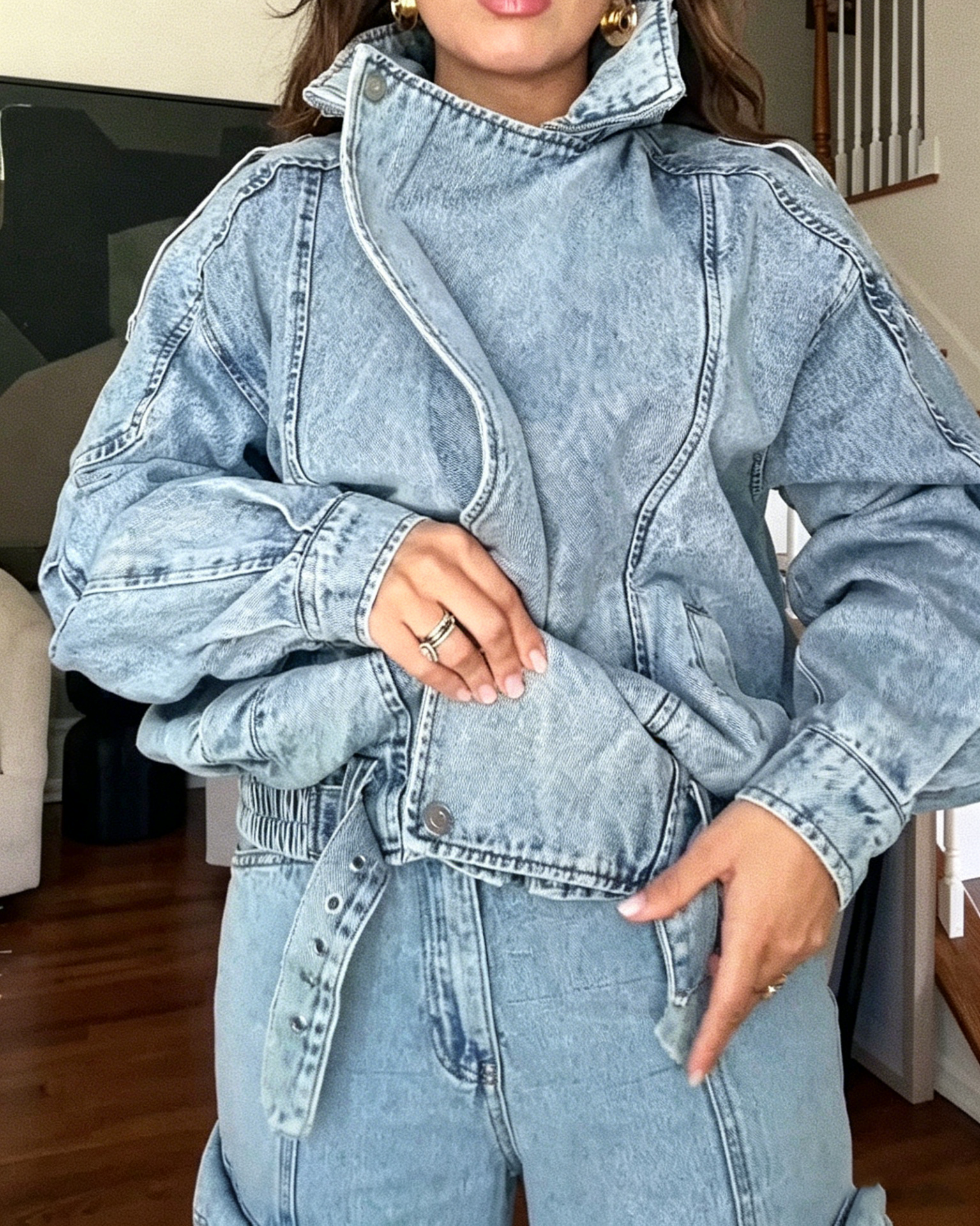 Padded Washed Denim Bomber Jacket