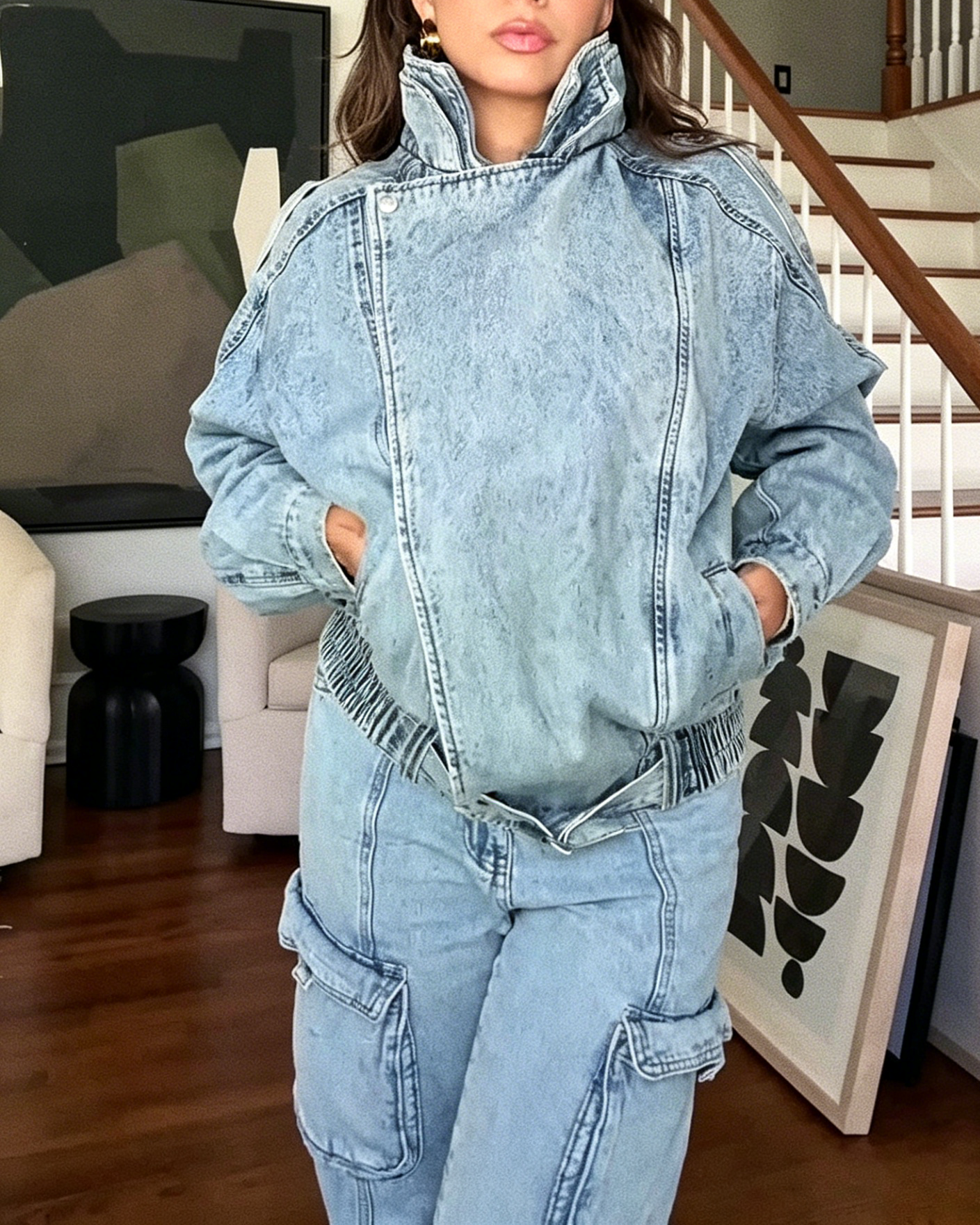 Padded Washed Denim Bomber Jacket
