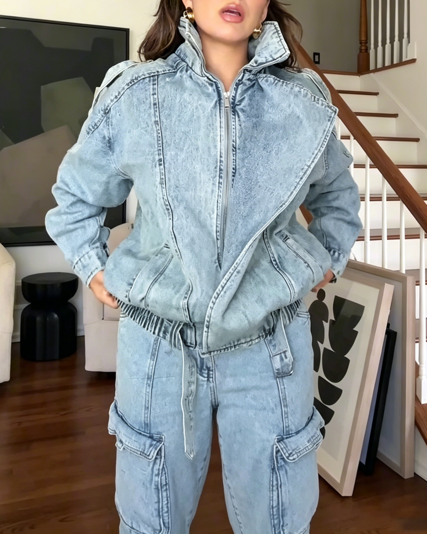 Padded Washed Denim Bomber Jacket