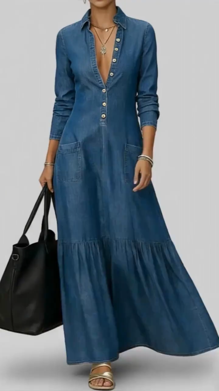 Button-Front Denim Maxi Dress