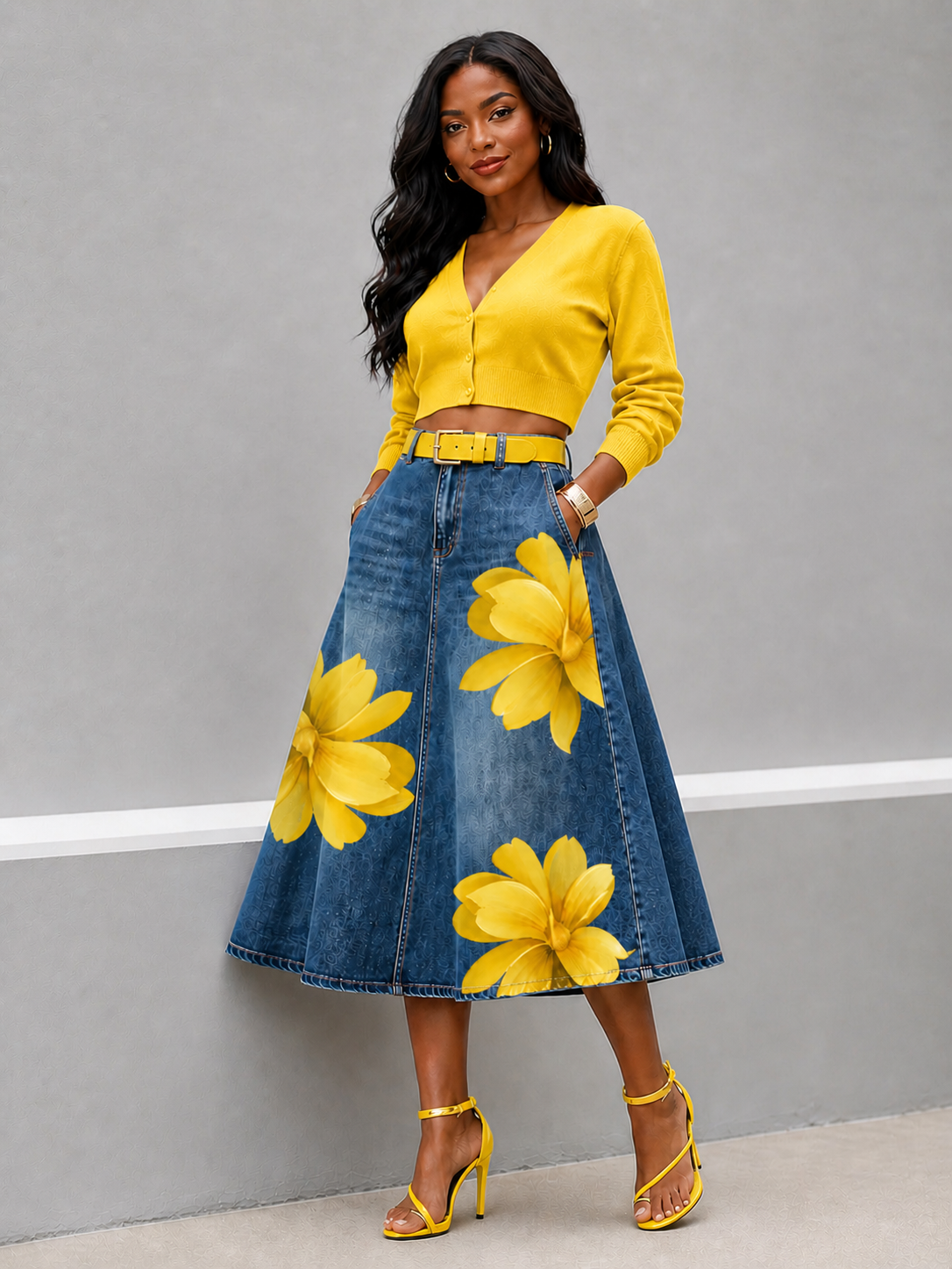 Fashion Floral-Printed Denim A-Line Skirt