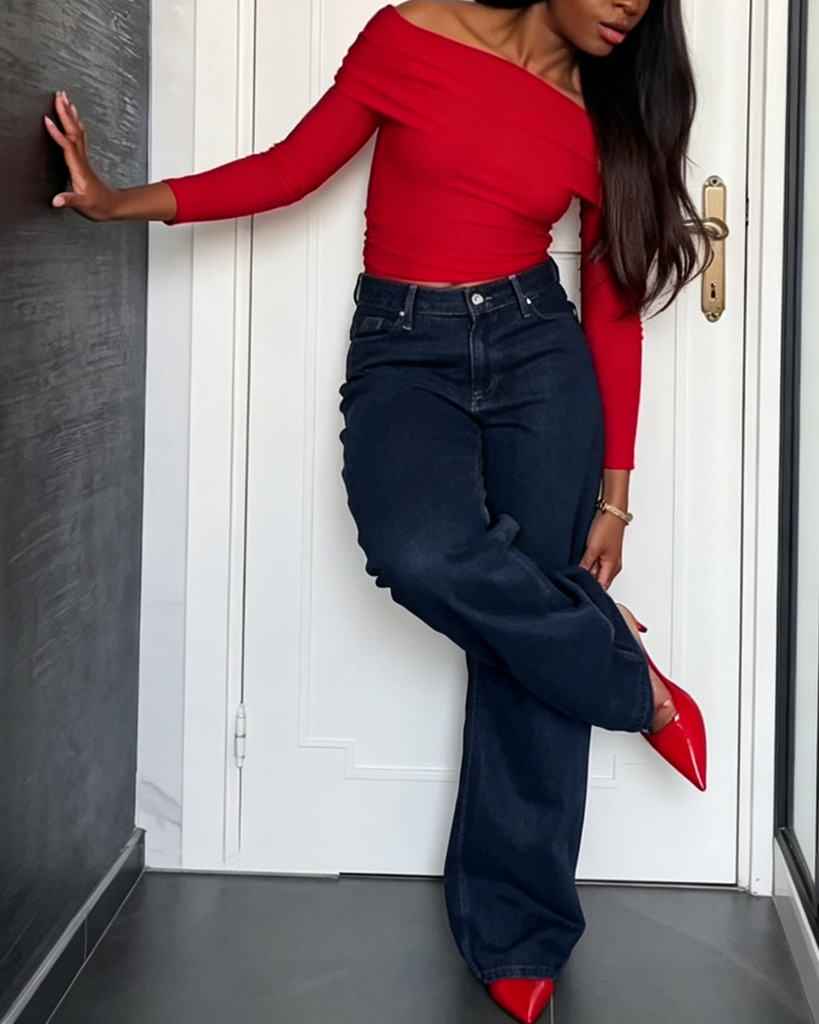 Dark Blue High Waisted Wide Leg Denim Jeans