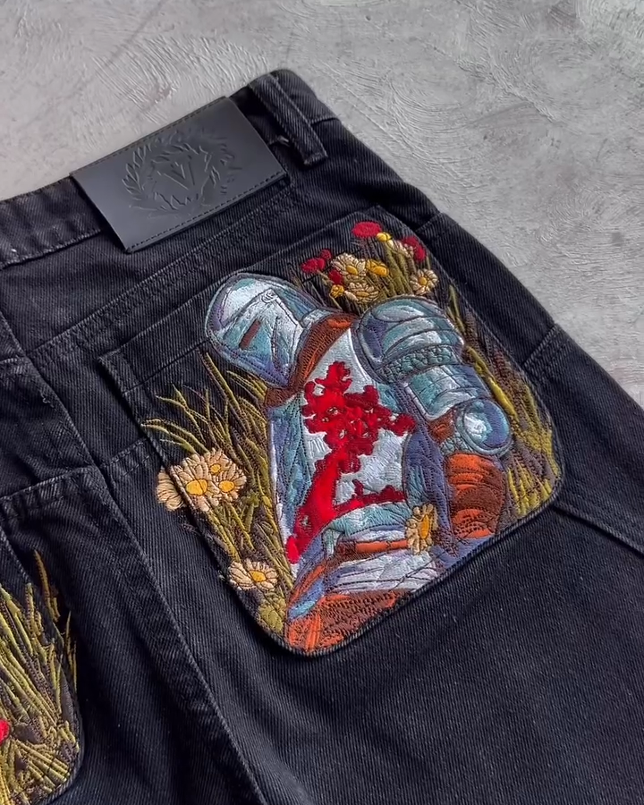 Knight & Floral Embroidered Black Baggy Jeans - Gothic Streetwear Wide Leg Denim Pants