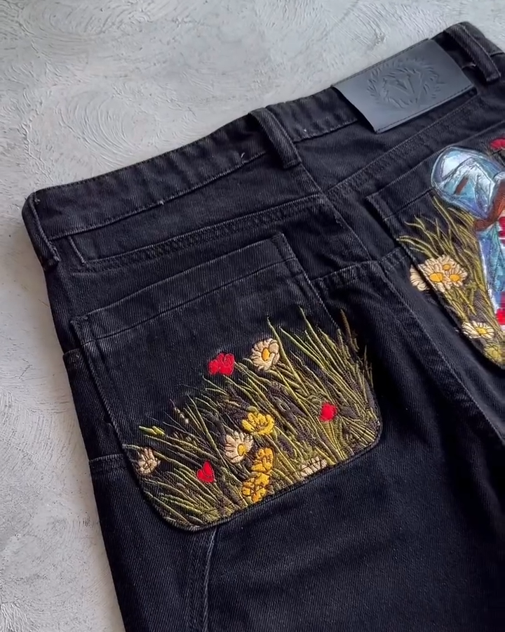 Knight & Floral Embroidered Black Baggy Jeans - Gothic Streetwear Wide Leg Denim Pants