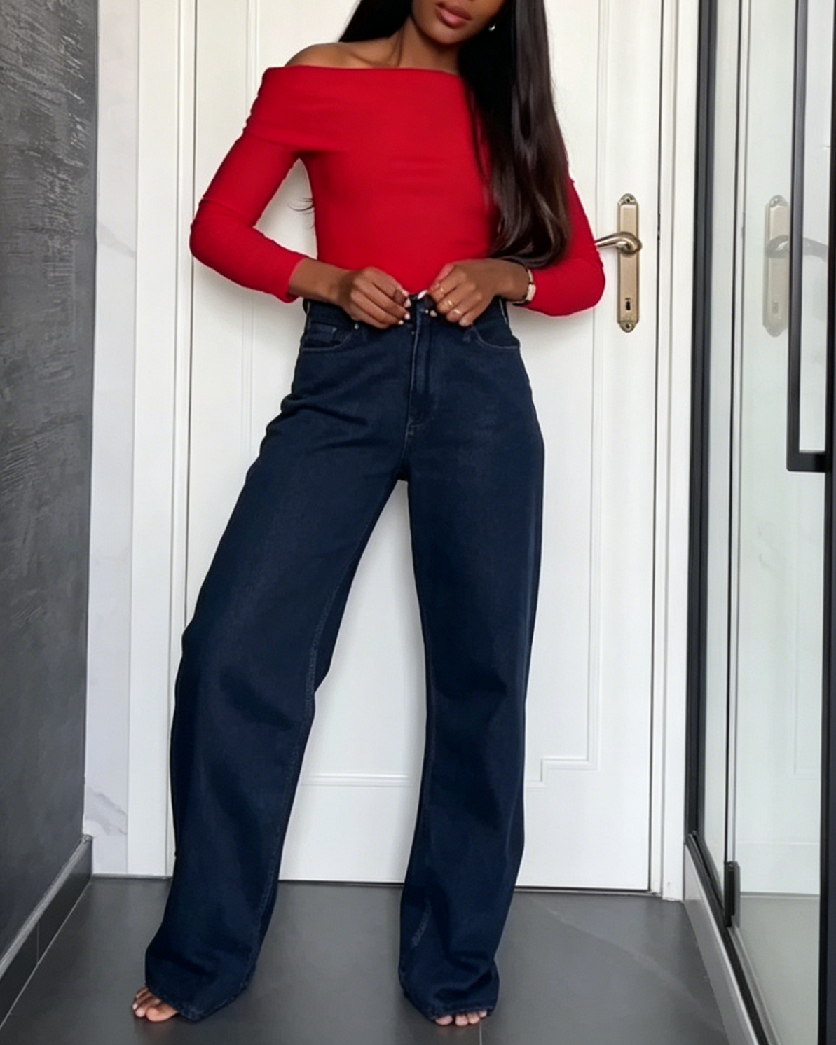 Dark Blue High Waisted Wide Leg Denim Jeans