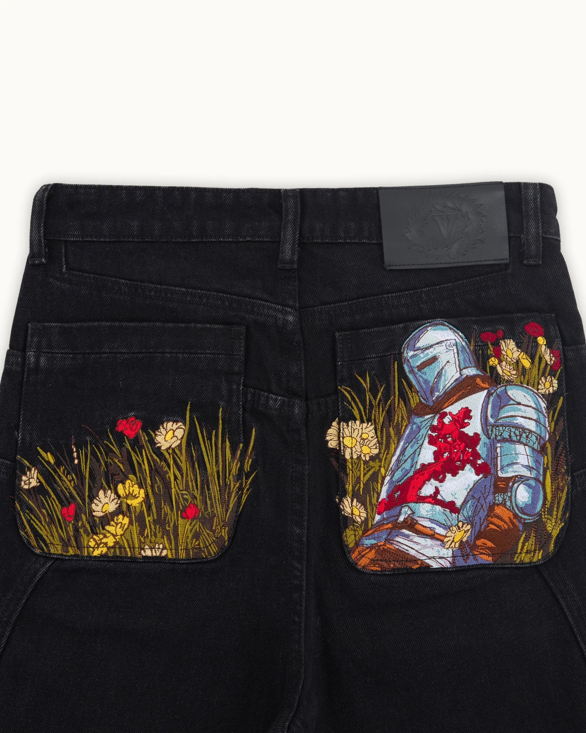 Knight & Floral Embroidered Black Baggy Jeans - Gothic Streetwear Wide Leg Denim Pants