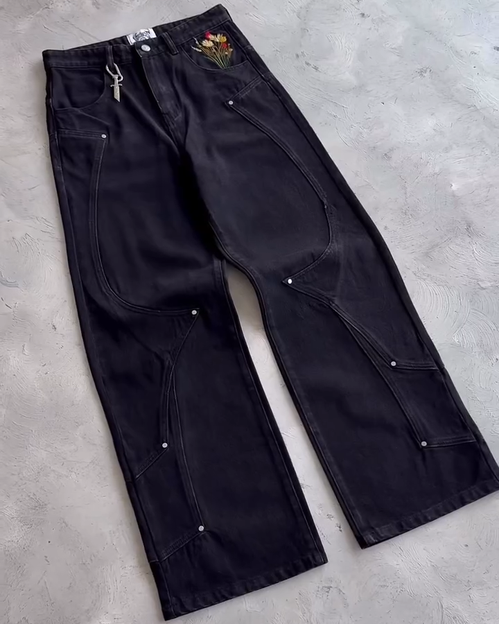 Knight & Floral Embroidered Black Baggy Jeans - Gothic Streetwear Wide Leg Denim Pants