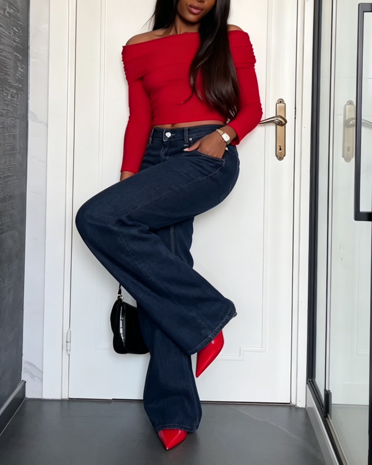 Dark Blue High Waisted Wide Leg Denim Jeans