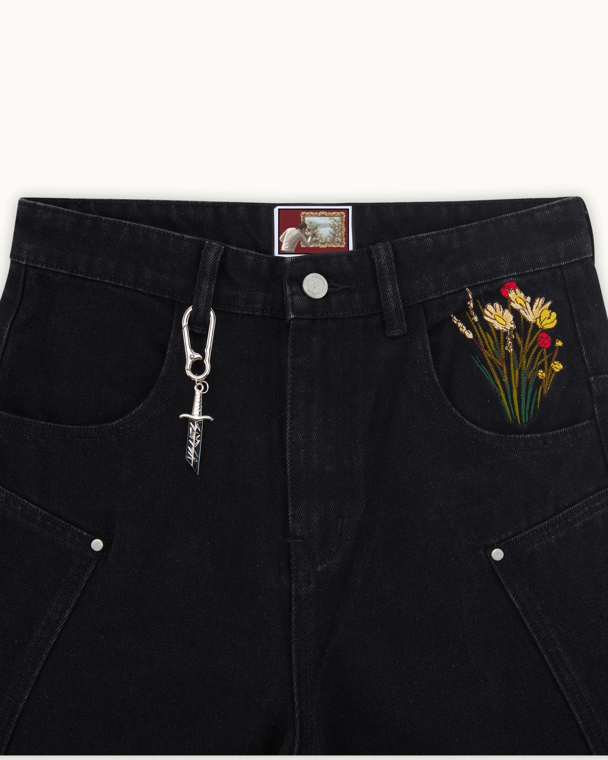 Knight & Floral Embroidered Black Baggy Jeans - Gothic Streetwear Wide Leg Denim Pants