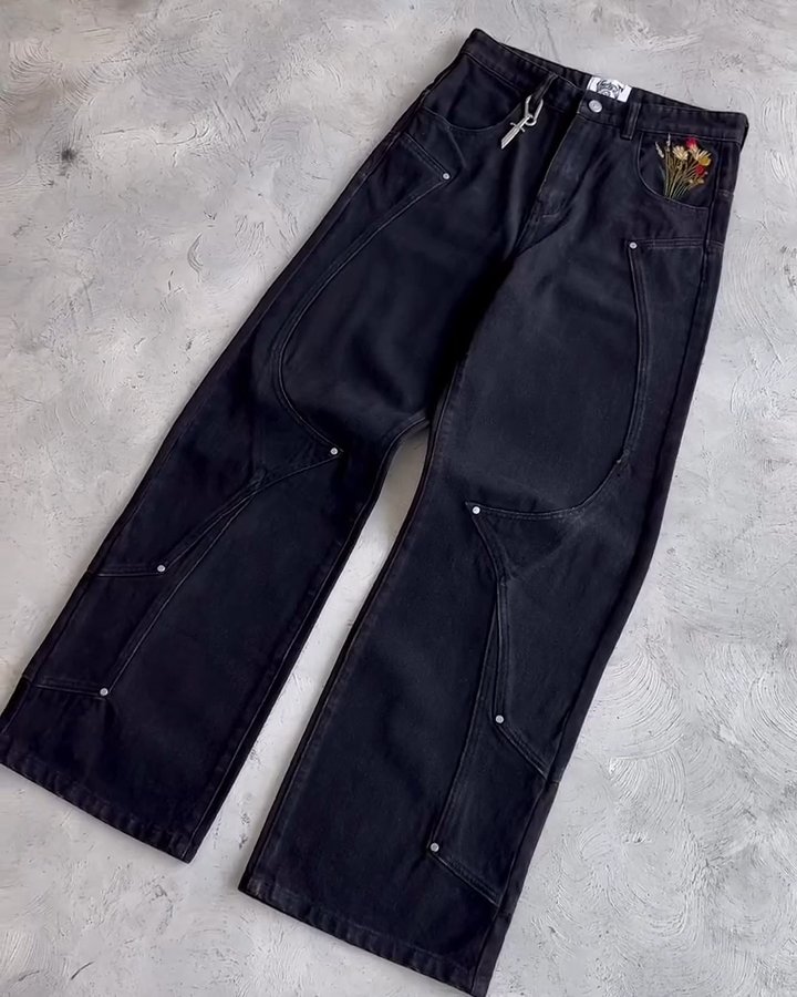 Knight & Floral Embroidered Black Baggy Jeans - Gothic Streetwear Wide Leg Denim Pants