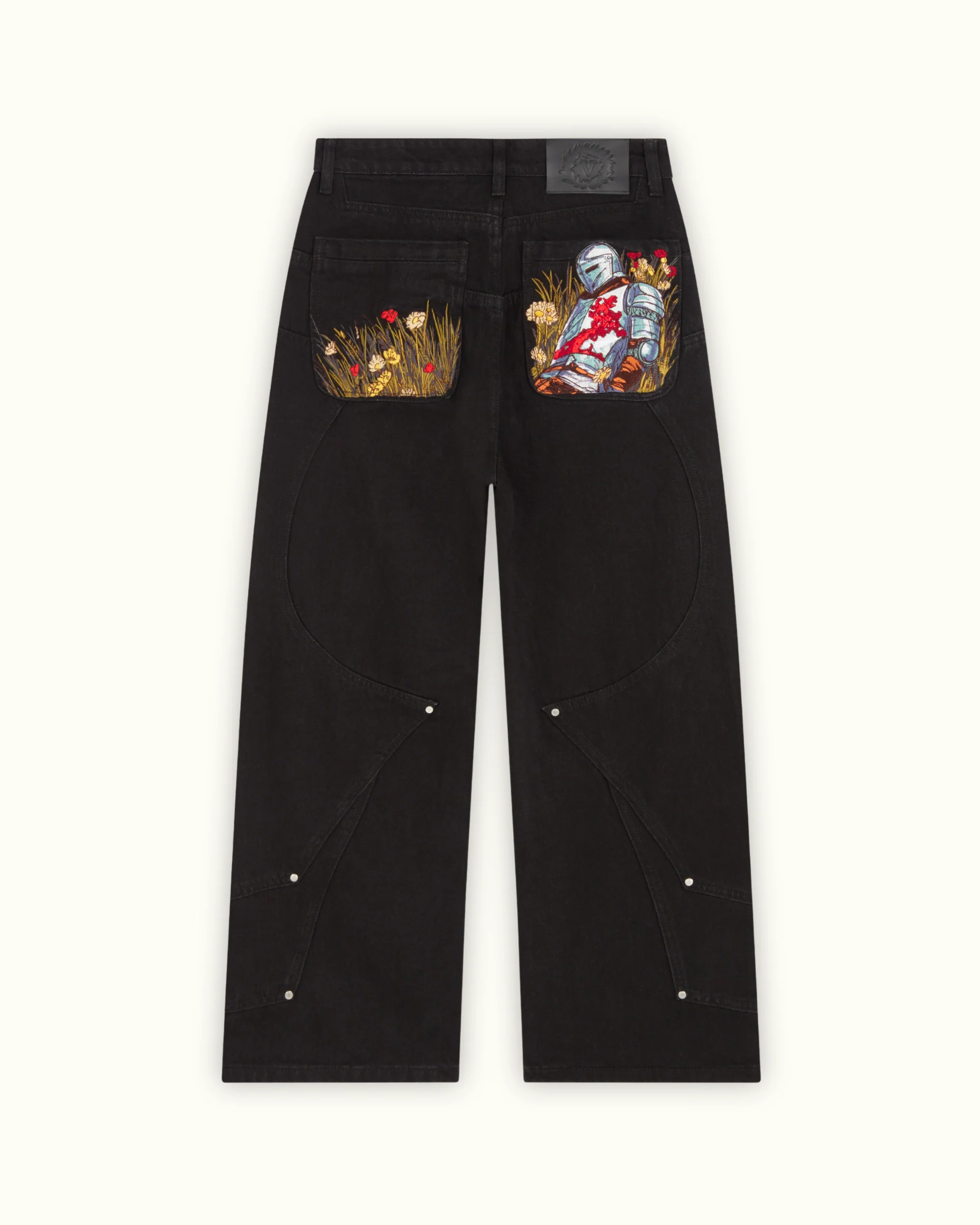 Knight & Floral Embroidered Black Baggy Jeans - Gothic Streetwear Wide Leg Denim Pants