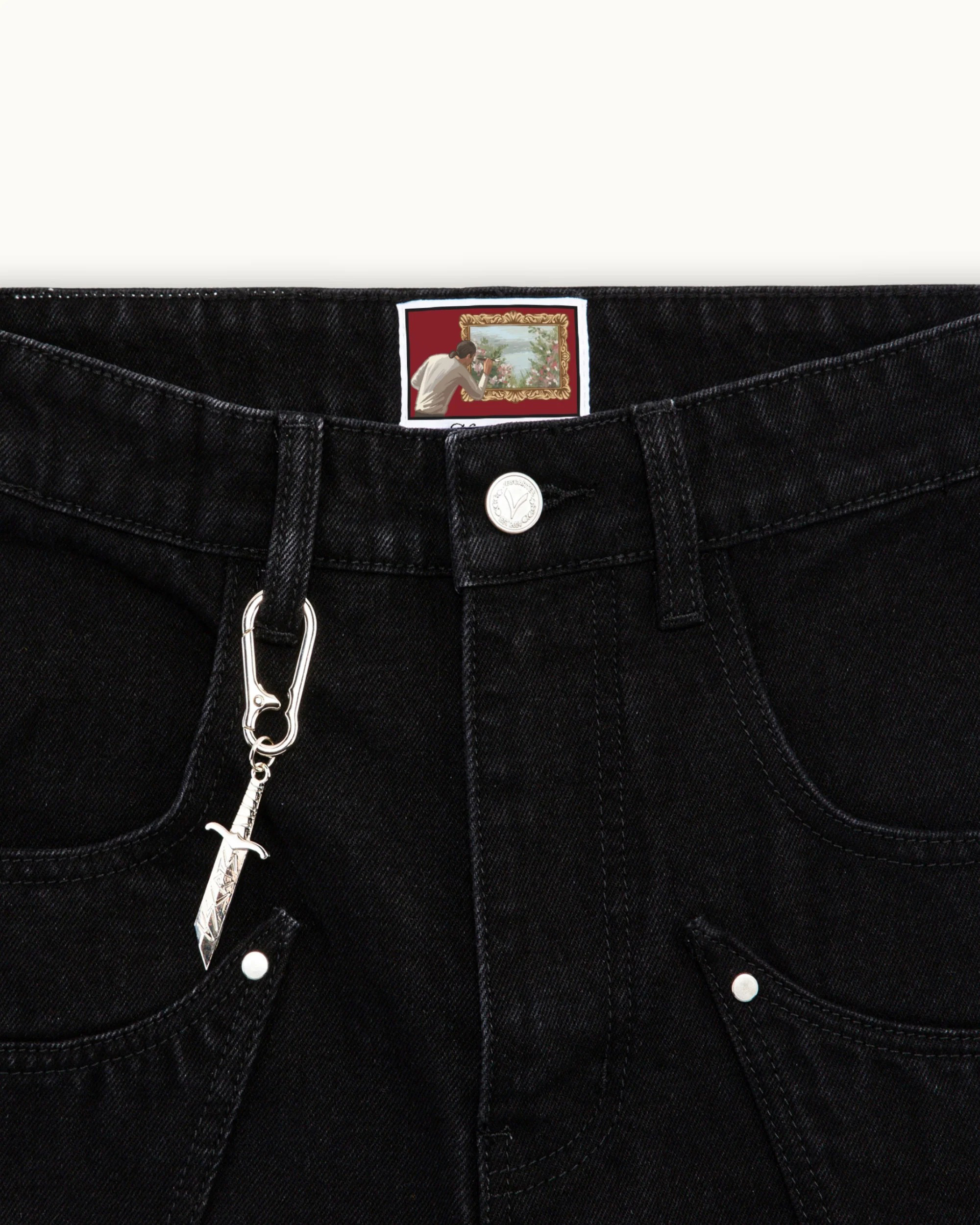 Knight & Floral Embroidered Black Baggy Jeans - Gothic Streetwear Wide Leg Denim Pants