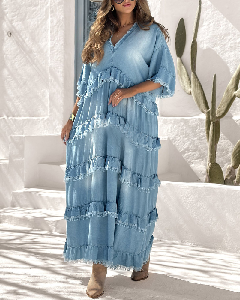 Ladies' spring and summer fringe layered long denim dress