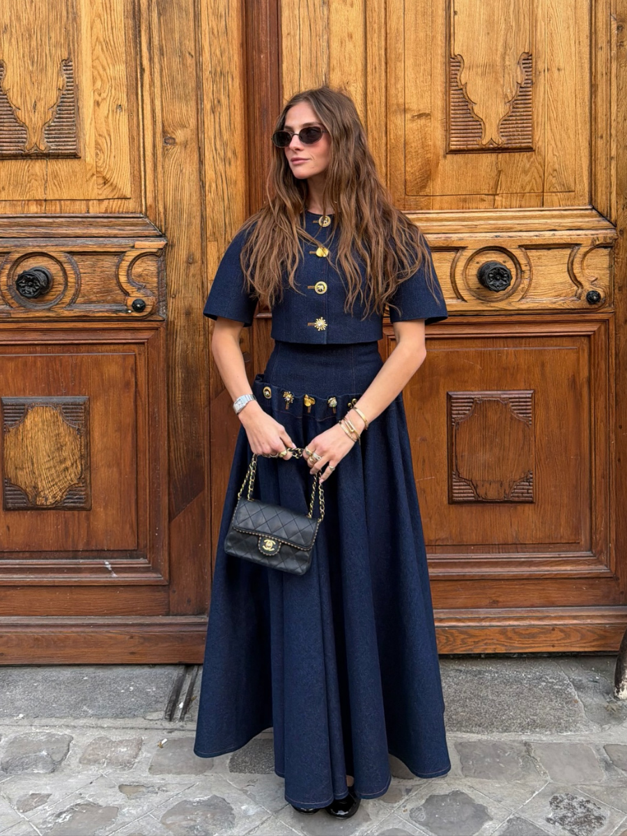 Luxury Button Detail Cropped Top And Flared Maxi Skirt Set
