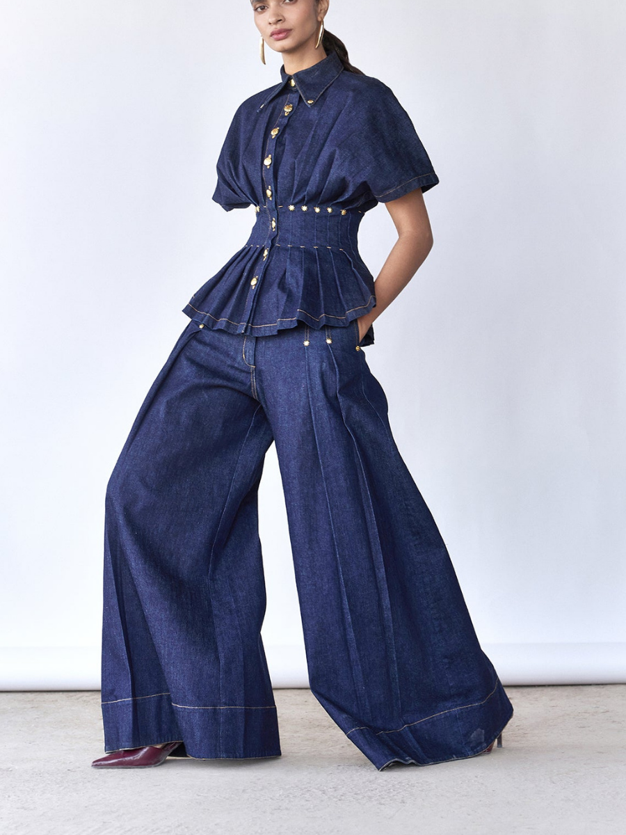 Luxury Button Detail Peplum Top And High Waist Wide Leg Pants Set