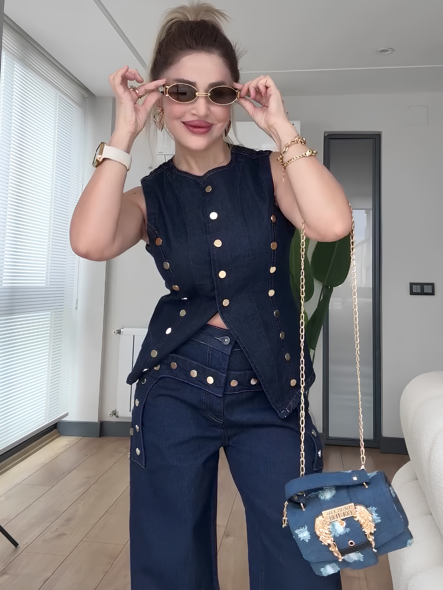 Gold Button Denim Vest & Wide-Leg Jeans Set
