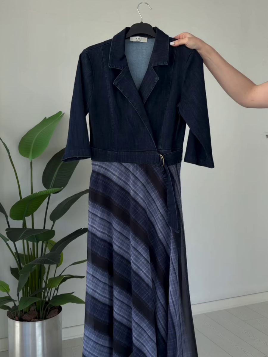 Denim Patchwork Plaid Wrap Midi Dress