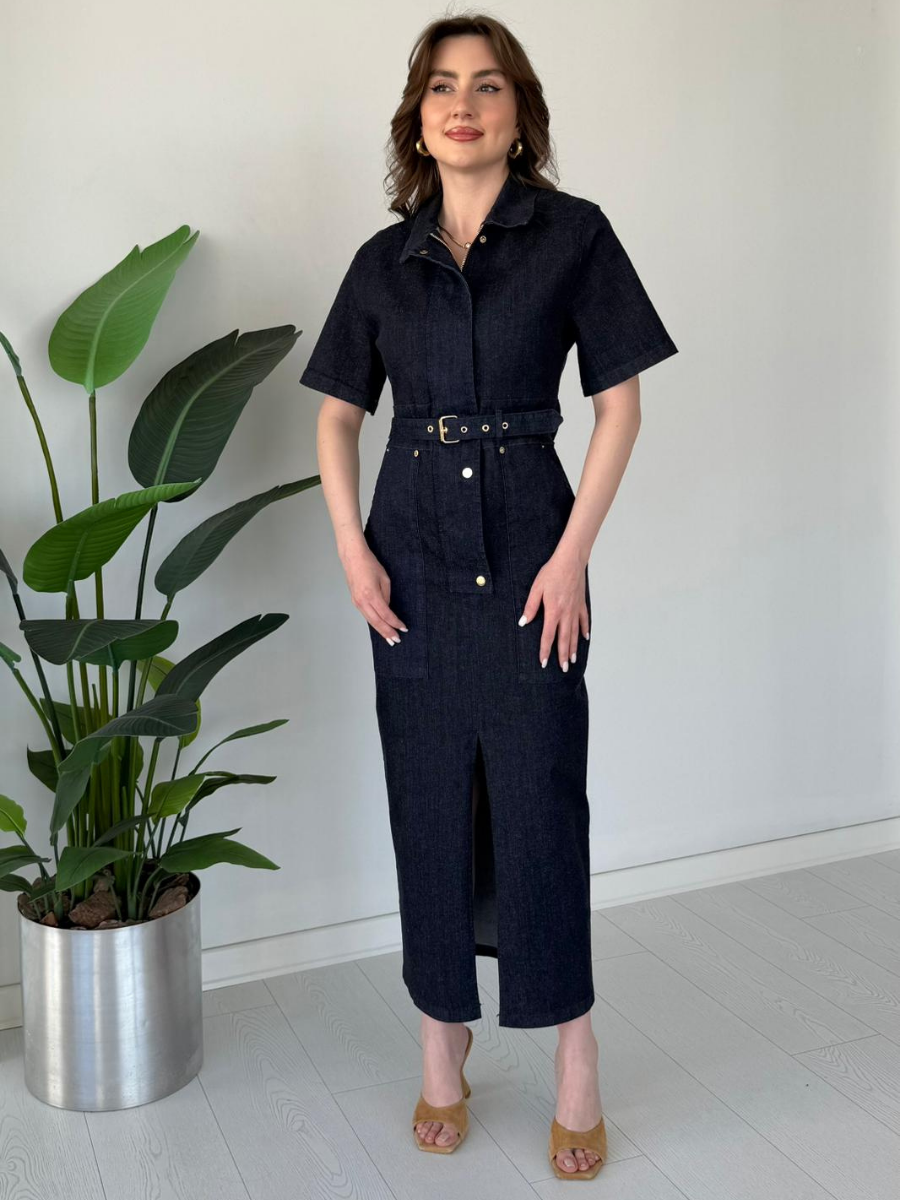 Elegant Belted Button Front Slit Denim Midi Dress