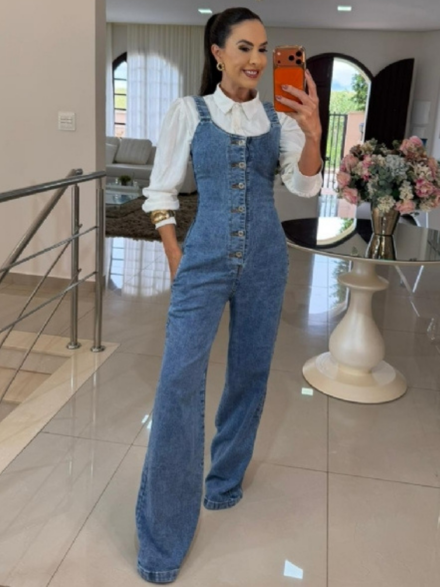 Vintage Button Front Wide-Leg Denim Jumpsuit