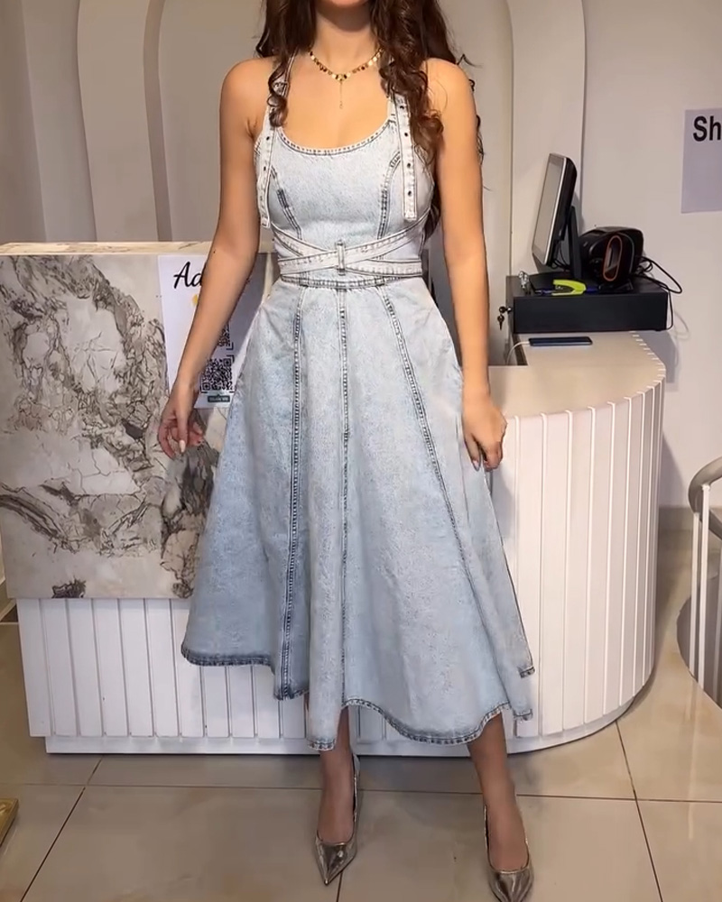 Ladies' spring and summer vintage camisole waist cinching slimming denim dress