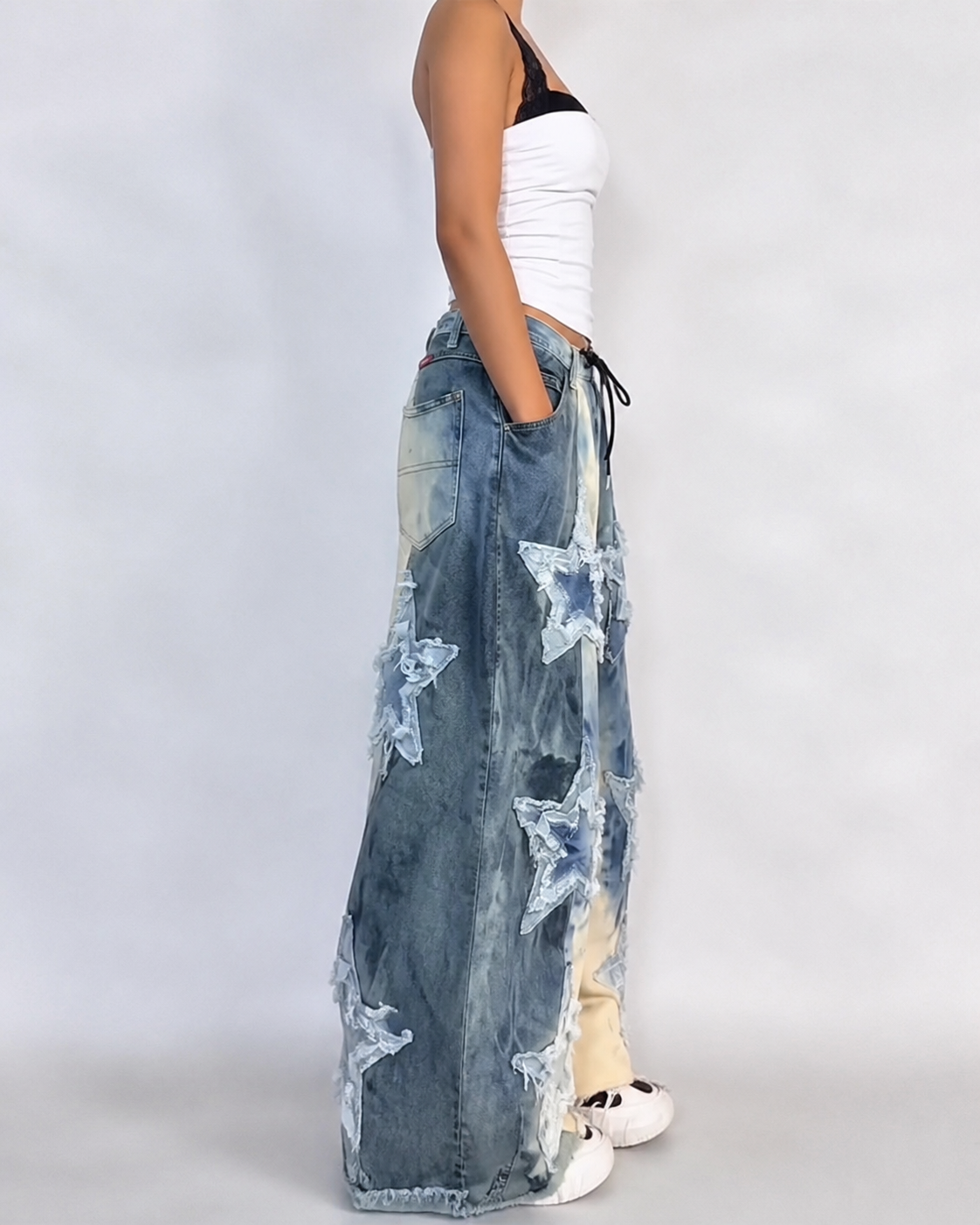 Women's spring and summer comfortable washed retro five-pointed star pattern patch denim trousers