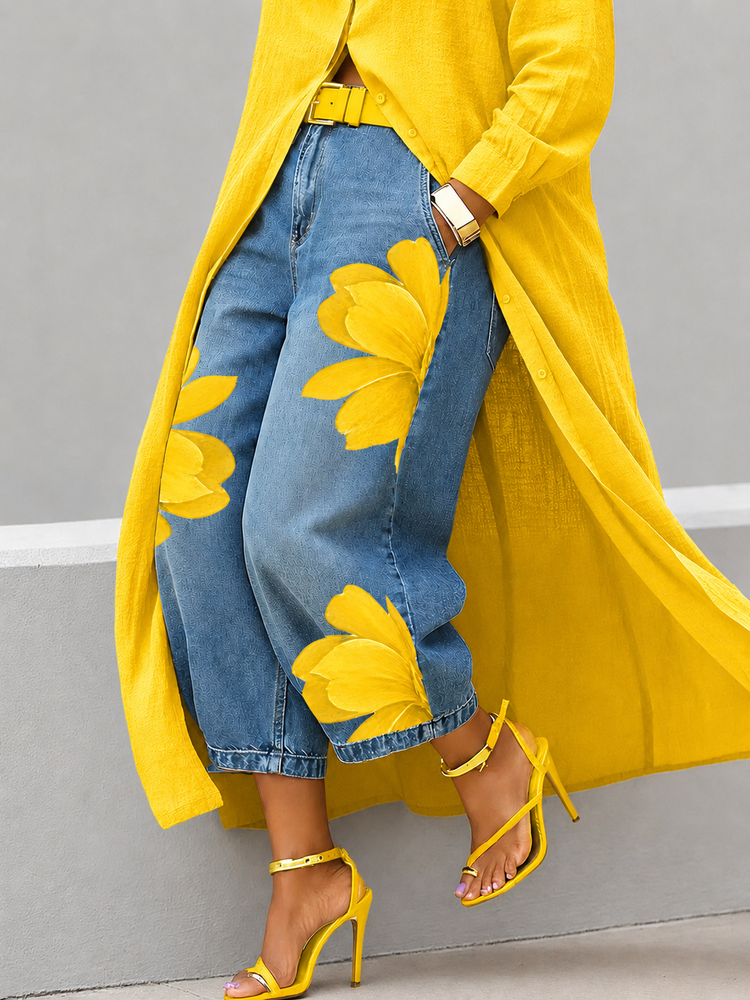 Red Floral Print Cropped Wide-Leg Denim Pants