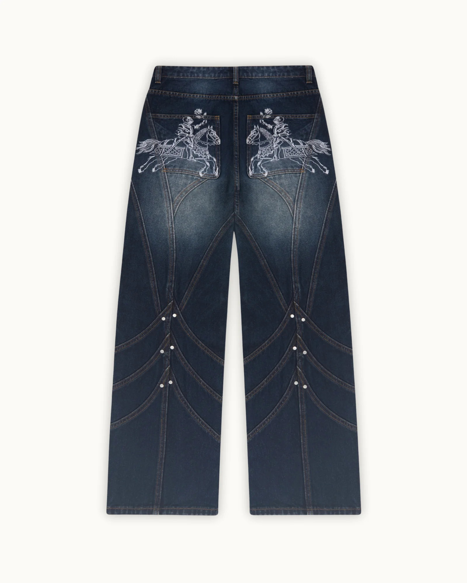 Oversized Wide Leg Jeans with Knight & Horse Embroidery, Vintage Dark Wash Denim with Stitched & Rivet Detail