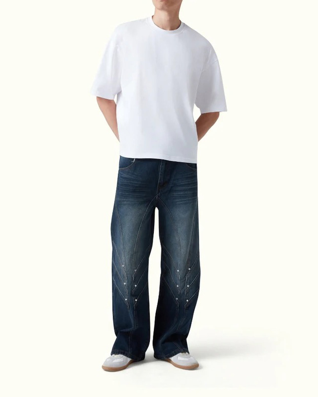 Oversized Wide Leg Jeans with Knight & Horse Embroidery, Vintage Dark Wash Denim with Stitched & Rivet Detail