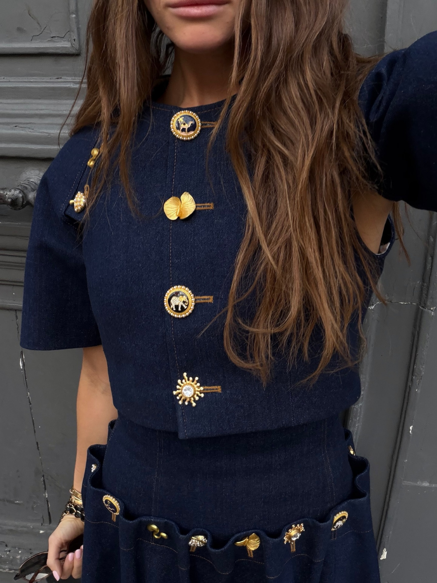 Luxury Button Detail Cropped Top And Flared Maxi Skirt Set